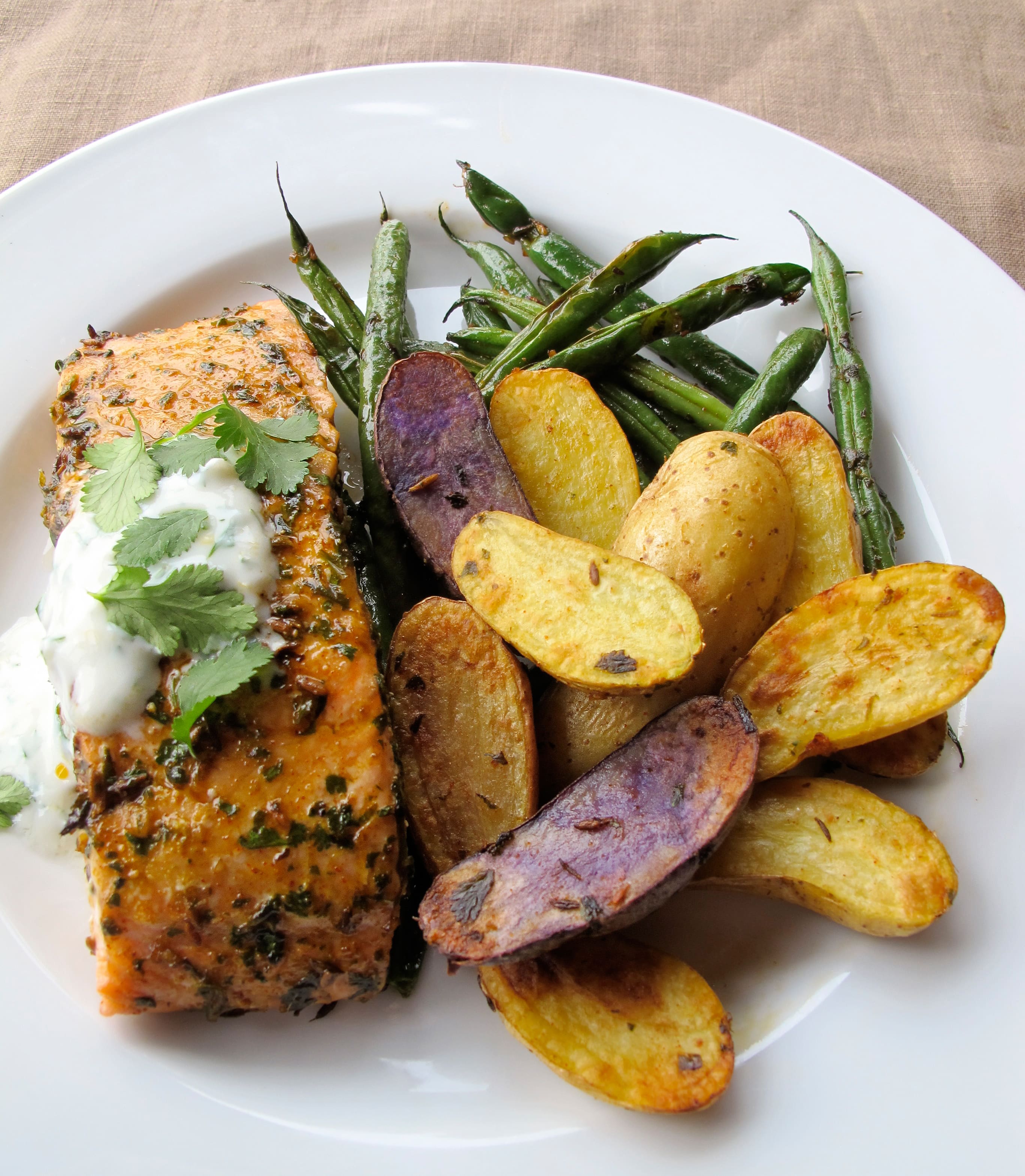 Roast Salmon, Fingerling Potatoes and Green Beans with Charmoula and