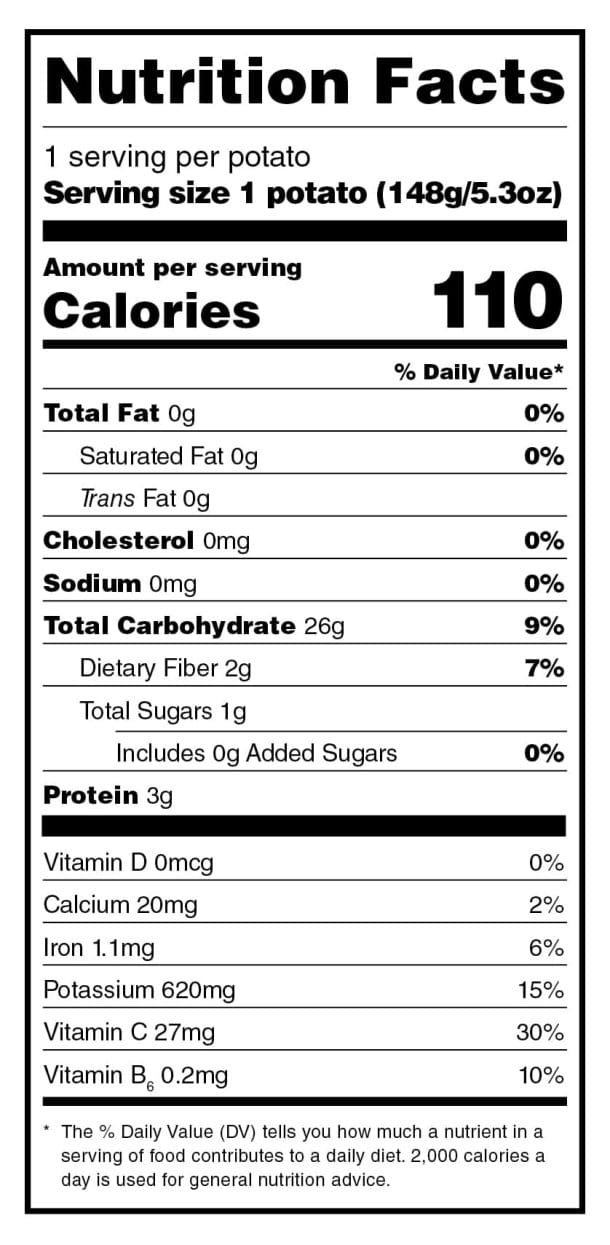 Potato Nutrition Info: Label, Data, Carbs, Calories, Health Facts