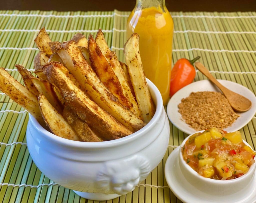 Air Fryer Jamaican Jerk Fries with Easy Mango Salsa Potato Goodness